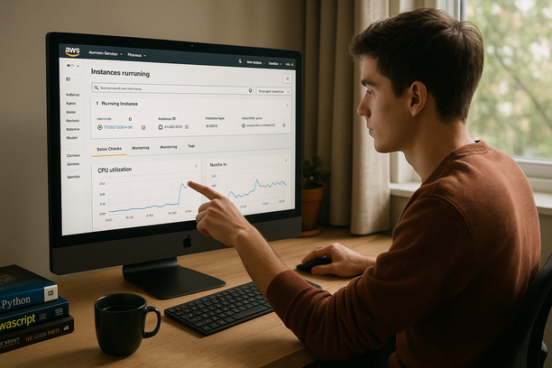 Uma tela de computador exibindo o painel de controle da AWS com uma instância Amazon EC2 em execução, um jovem desenvolvedor iniciante interagindo com o monitor, sentado em uma escrivaninha moderna e organizada, em um ambiente de escritório residencial com luz suave e janela ao fundo. Livros de tecnologia e uma caneca de café ao lado do teclado, elementos de interface gráfica na tela demonstrando o lançamento da instância e gráficos de uso. A imagem deve ser natural, realista, de 2018, estilo raw, 8K, tirada com iPhone, --ar 16:9