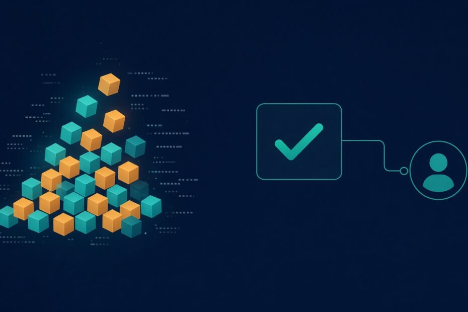 Ilustração: pilha de tokens à esquerda e um PR aprovado ligado ao usuário à direita, simbolizando medir resultado em vez de volume