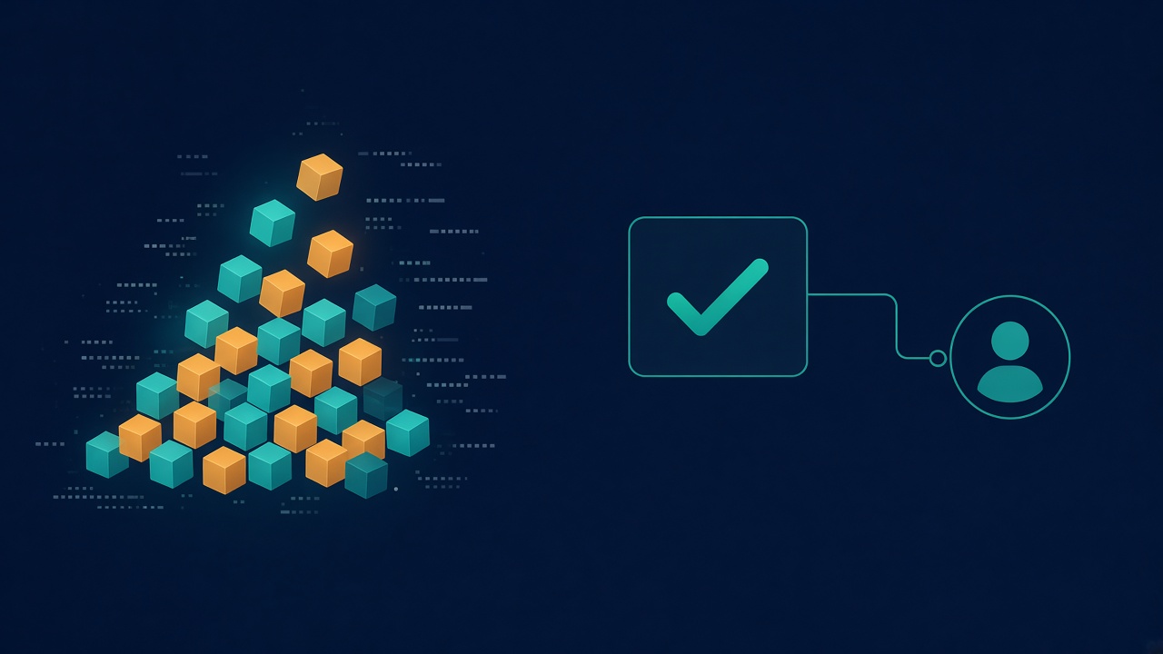 Ilustração: pilha de tokens à esquerda e um PR aprovado ligado ao usuário à direita, simbolizando medir resultado em vez de volume