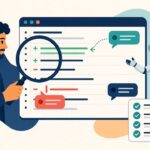 Ilustração de um desenvolvedor revisando com lupa as linhas adicionadas e removidas de um pull request entregue por um robô, com checklist ao lado