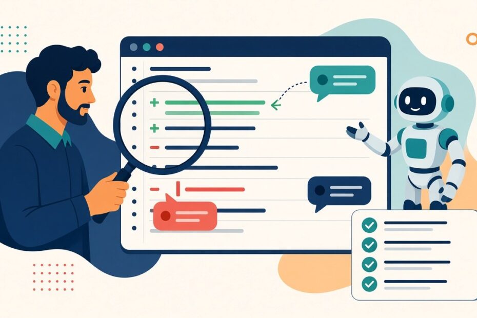 Ilustração de um desenvolvedor revisando com lupa as linhas adicionadas e removidas de um pull request entregue por um robô, com checklist ao lado