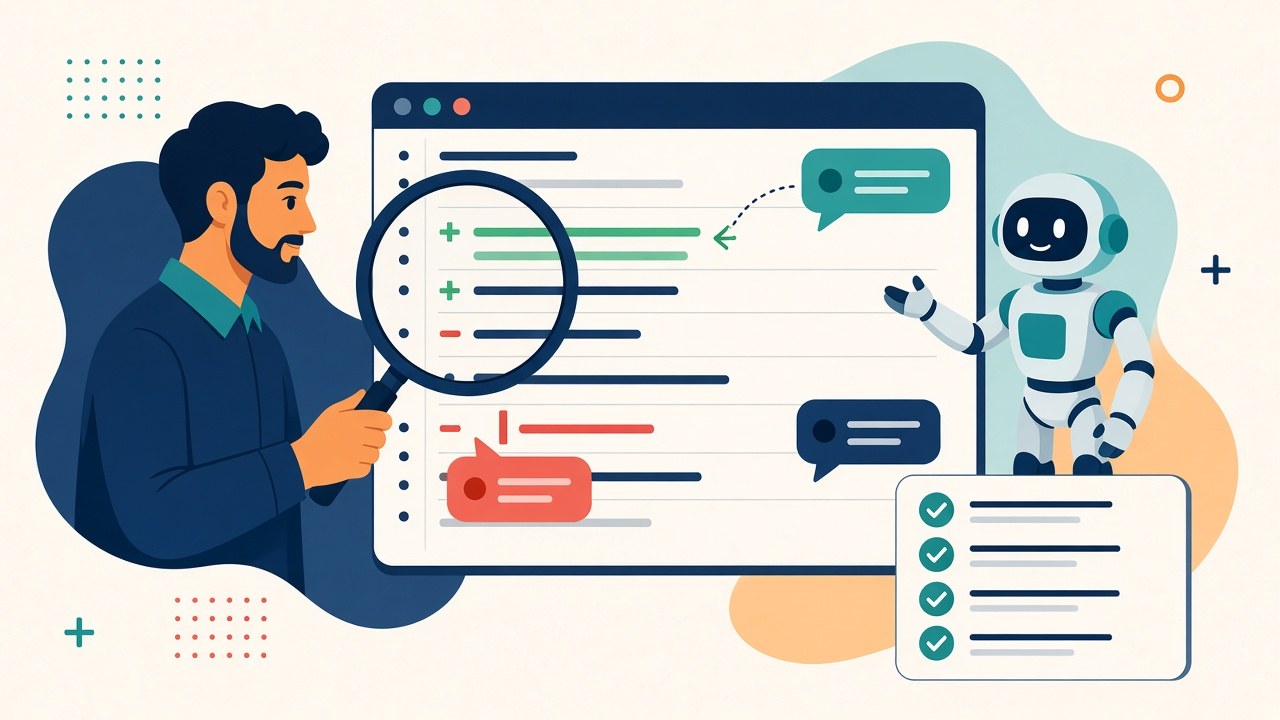 Ilustração de um desenvolvedor revisando com lupa as linhas adicionadas e removidas de um pull request entregue por um robô, com checklist ao lado