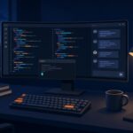 Ilustração de uma mesa de desenvolvedor à noite com monitor ultrawide mostrando editor de código com painel de chat de IA e terminal aberto