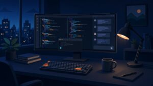Ilustração de uma mesa de desenvolvedor à noite com monitor ultrawide mostrando editor de código com painel de chat de IA e terminal aberto