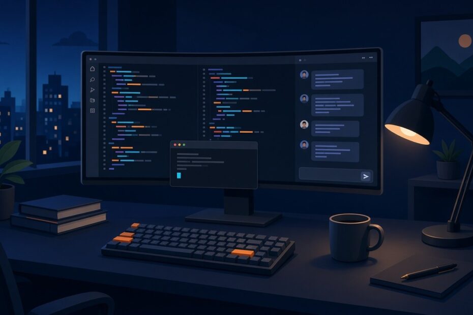 Ilustração de uma mesa de desenvolvedor à noite com monitor ultrawide mostrando editor de código com painel de chat de IA e terminal aberto